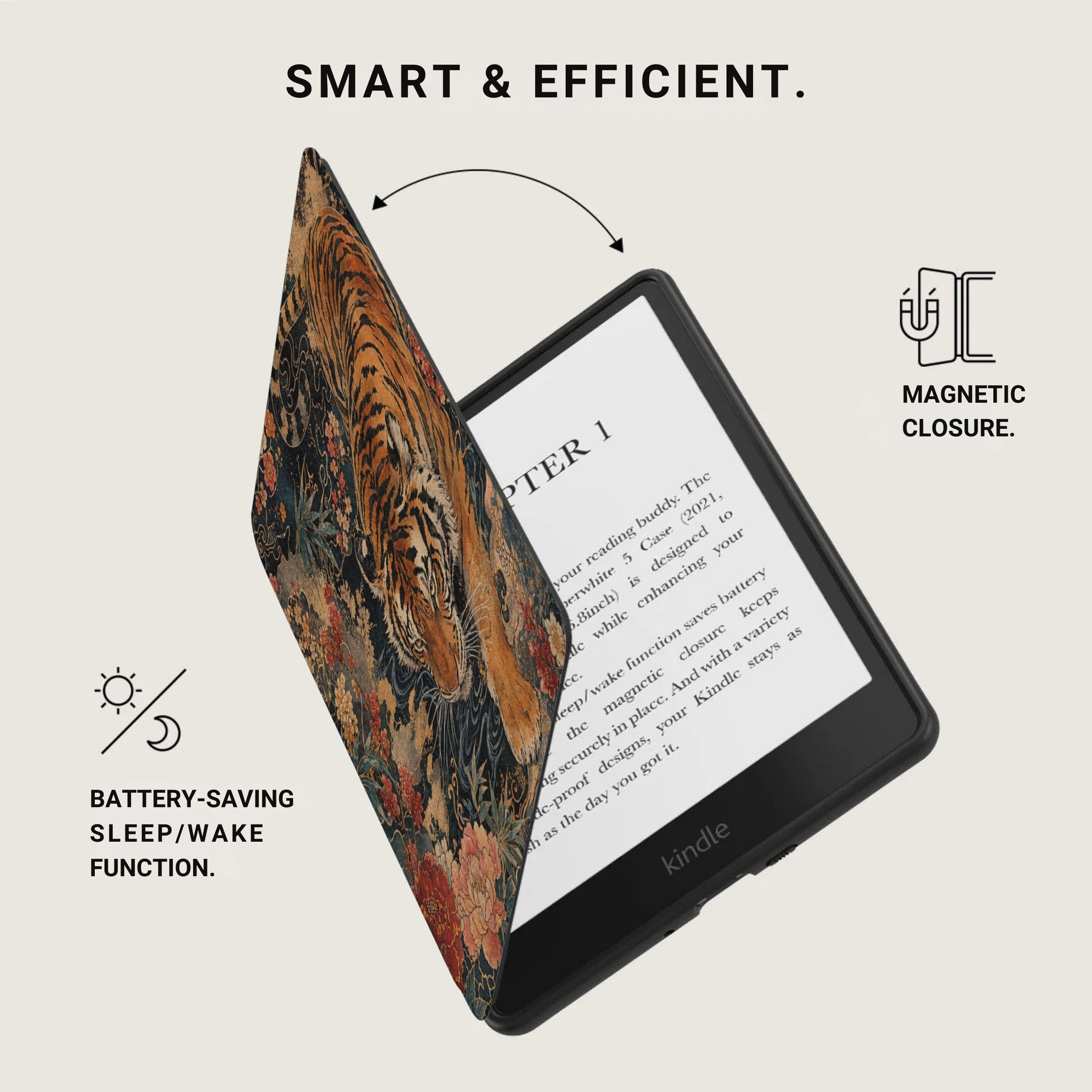 Kindle e-reader with tiger floral case, magnetic closure, battery saving function.