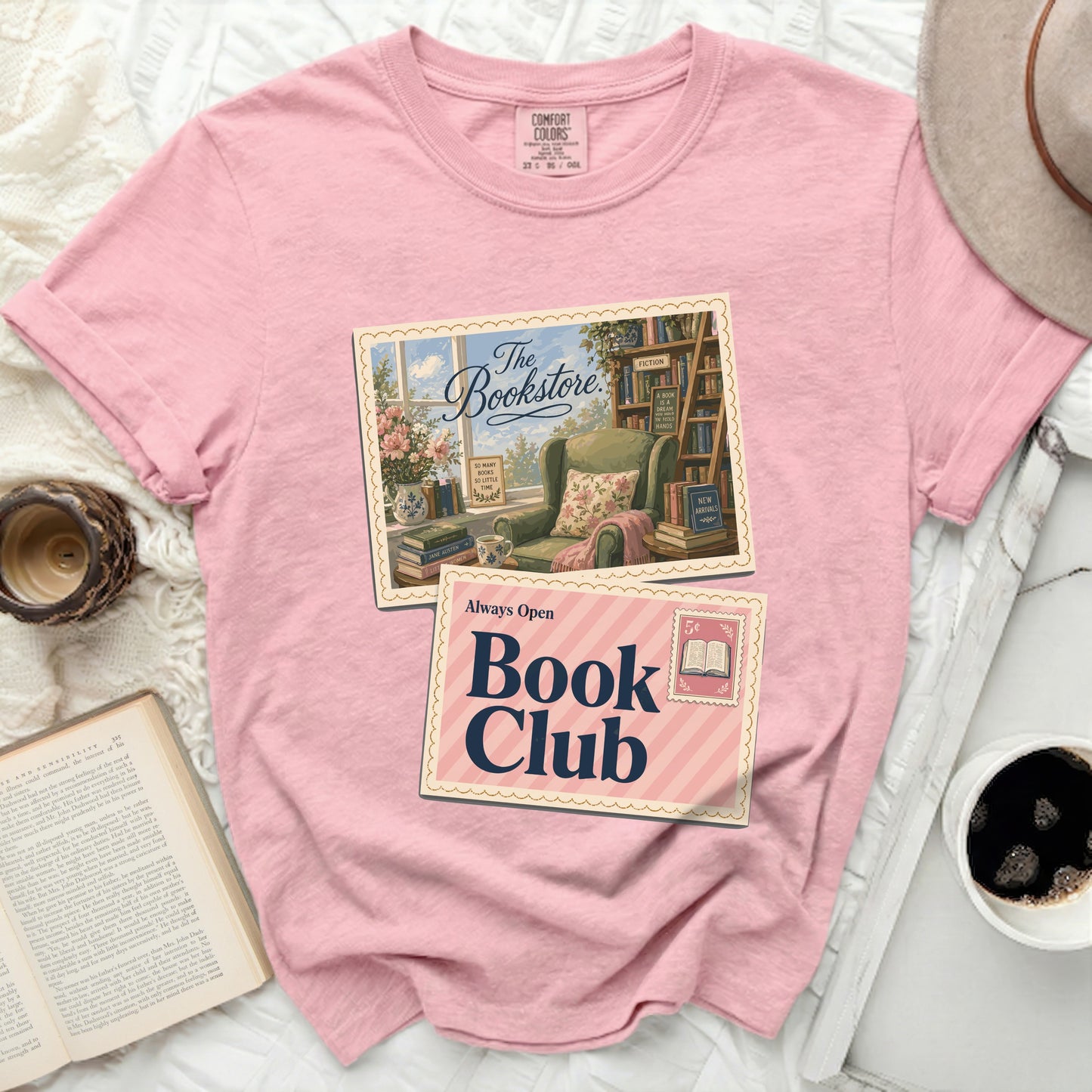 Pink t-shirt with "The Bookstore" and "Always Open Book Club" graphic.