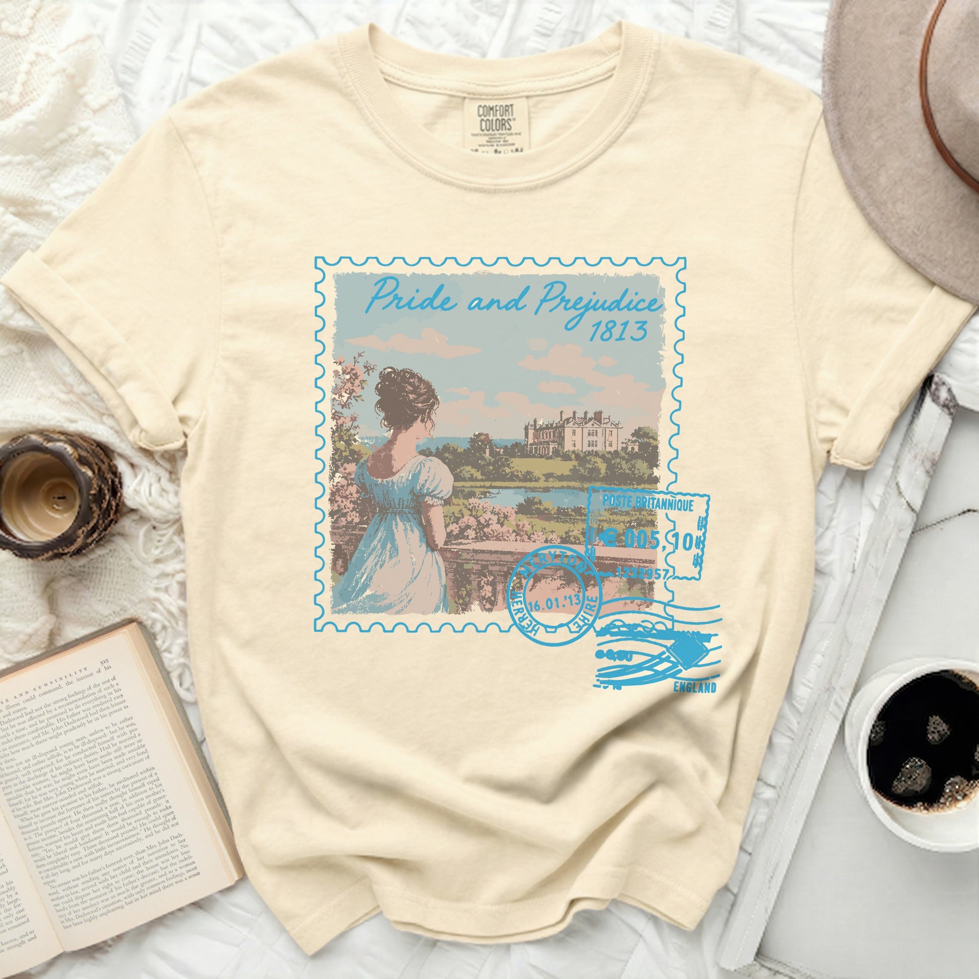 Unisex t-shirt with "Pride and Prejudice 1813" vintage stamp graphic.