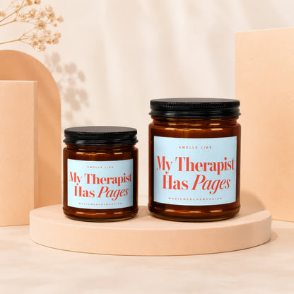 Two amber glass jars with black lids, labeled "My Therapist Has Pages".