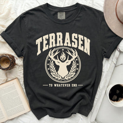 Black t-shirt with "TERRASEN" and a stag head emblem with "TO WHATEVER END".