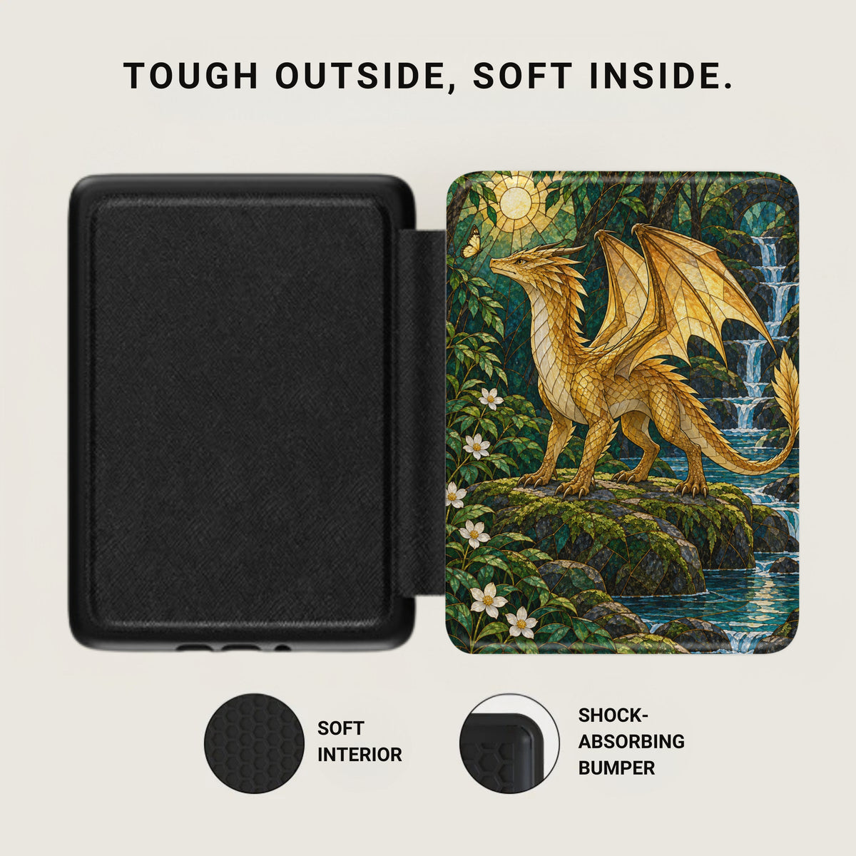 Black case with golden dragon stained glass design, "Tough Outside, Soft Inside" text.
