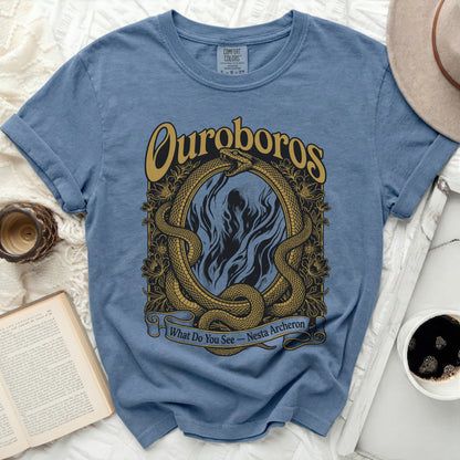 Blue t-shirt with ouroboros snakes, flames, and "What Do You See - Nesta Archeron" text.