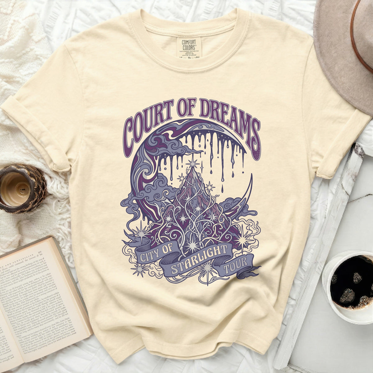 Cream Comfort Colors t-shirt with "Court of Dreams City of Starlight Tour" graphic.
