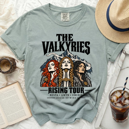 "The Valkyries Rising Tour" t-shirt featuring three women, mountains, and text.