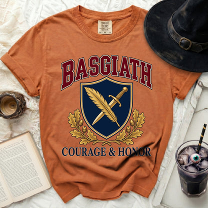 Orange t-shirt with "BASGIATH" and "COURAGE & HONOR" text and a shield emblem.