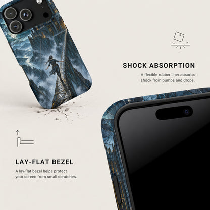 An iPhone case featuring a dark fantasy castle design with shock absorption and lay-flat bezel features.