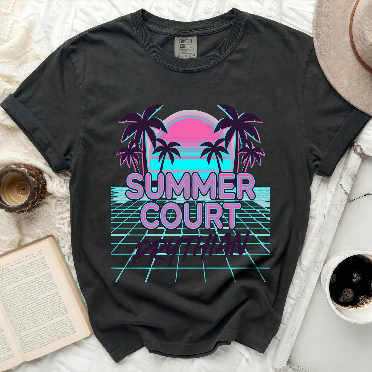 Black t-shirt with "Summer Court Prythian" retro graphic.