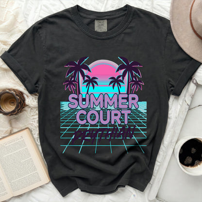 Black t-shirt with "Summer Court Prythian" retro graphic.