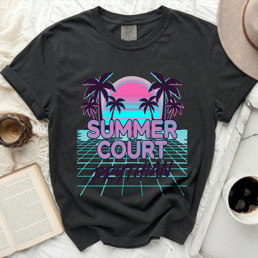 Black t-shirt with "Summer Court Prythian" retro graphic.
