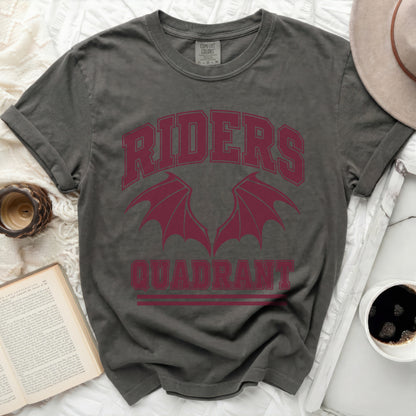 Dark grey t-shirt with burgundy "RIDERS QUADRANT" text and dragon wings.