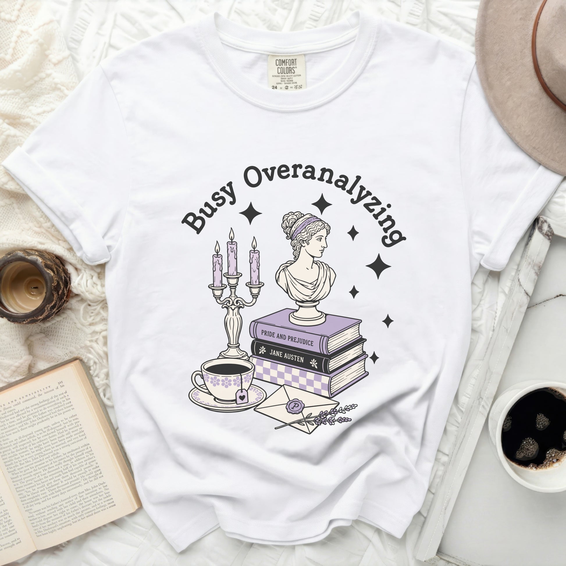 White Comfort Colors t-shirt with "Busy Overanalyzing" graphic.