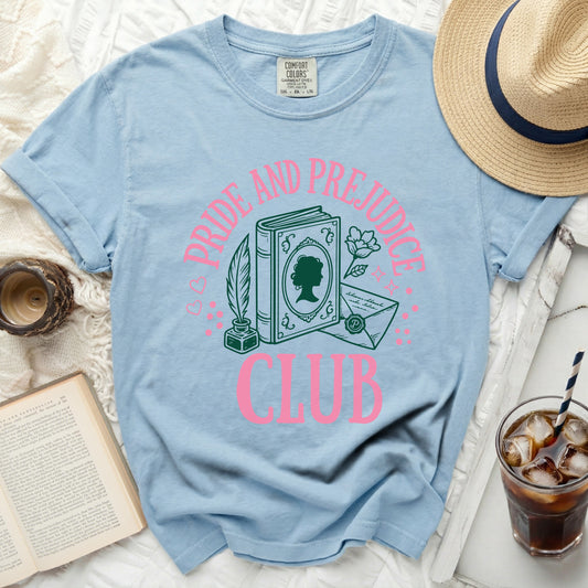 Light blue t-shirt with "Pride and Prejudice Club" graphic.