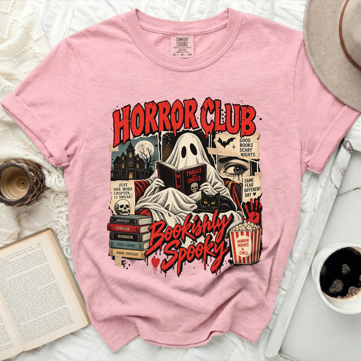 Pink t-shirt with "Horror Club Bookishly Spooky" graphic featuring a ghost reading.