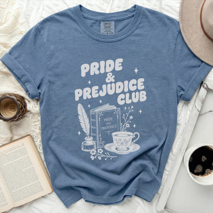 Comfort Colors blue t-shirt with "Pride & Prejudice Club" design.