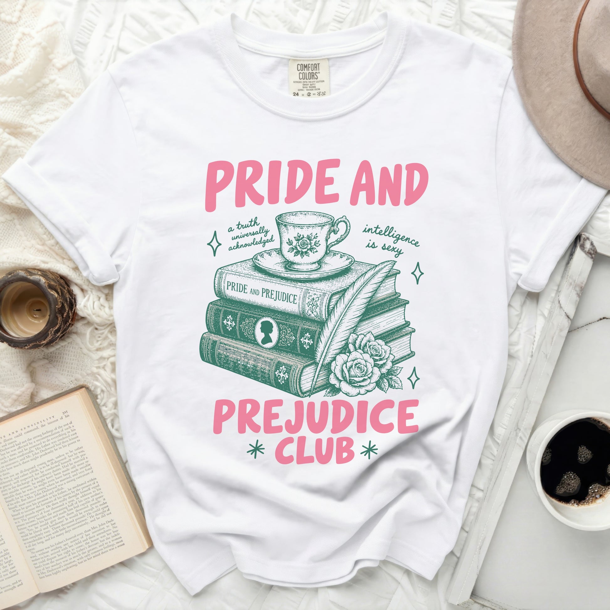 White t-shirt with "Pride and Prejudice Club" literary design.