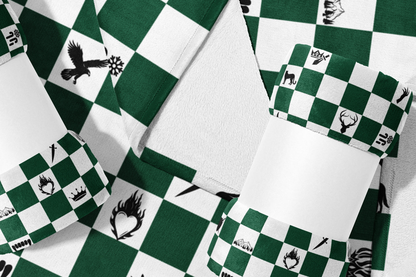 Green and White Checkered Bedding Set with Unique Symbols