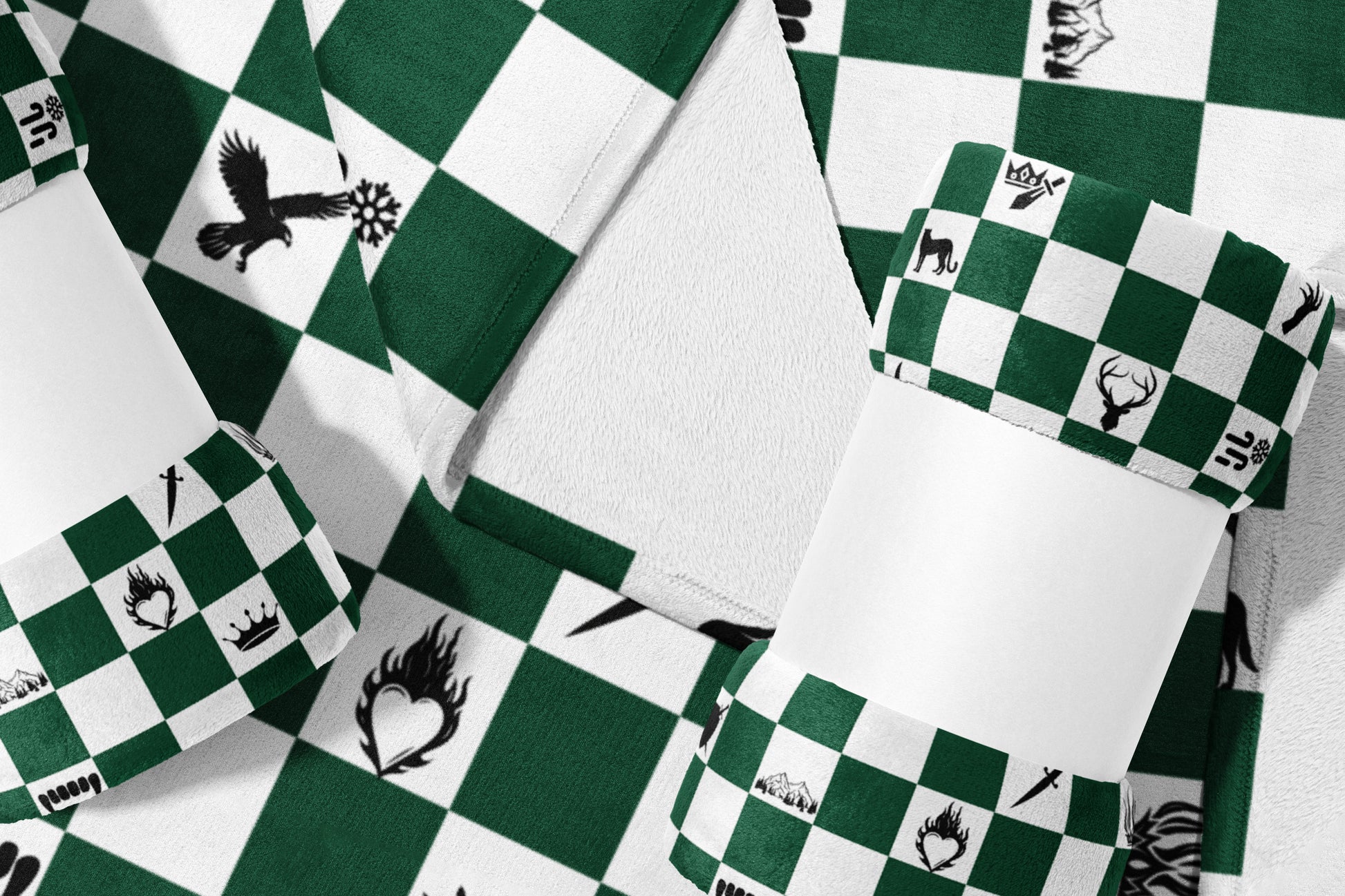 Green and White Checkered Bedding Set with Unique Symbols