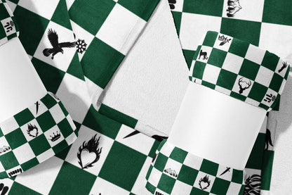 Green and White Checkered Bedding Set with Unique Symbols