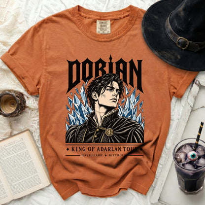 Orange t-shirt with Dorian King of Adarlan Tour graphic featuring a man and ice shards.