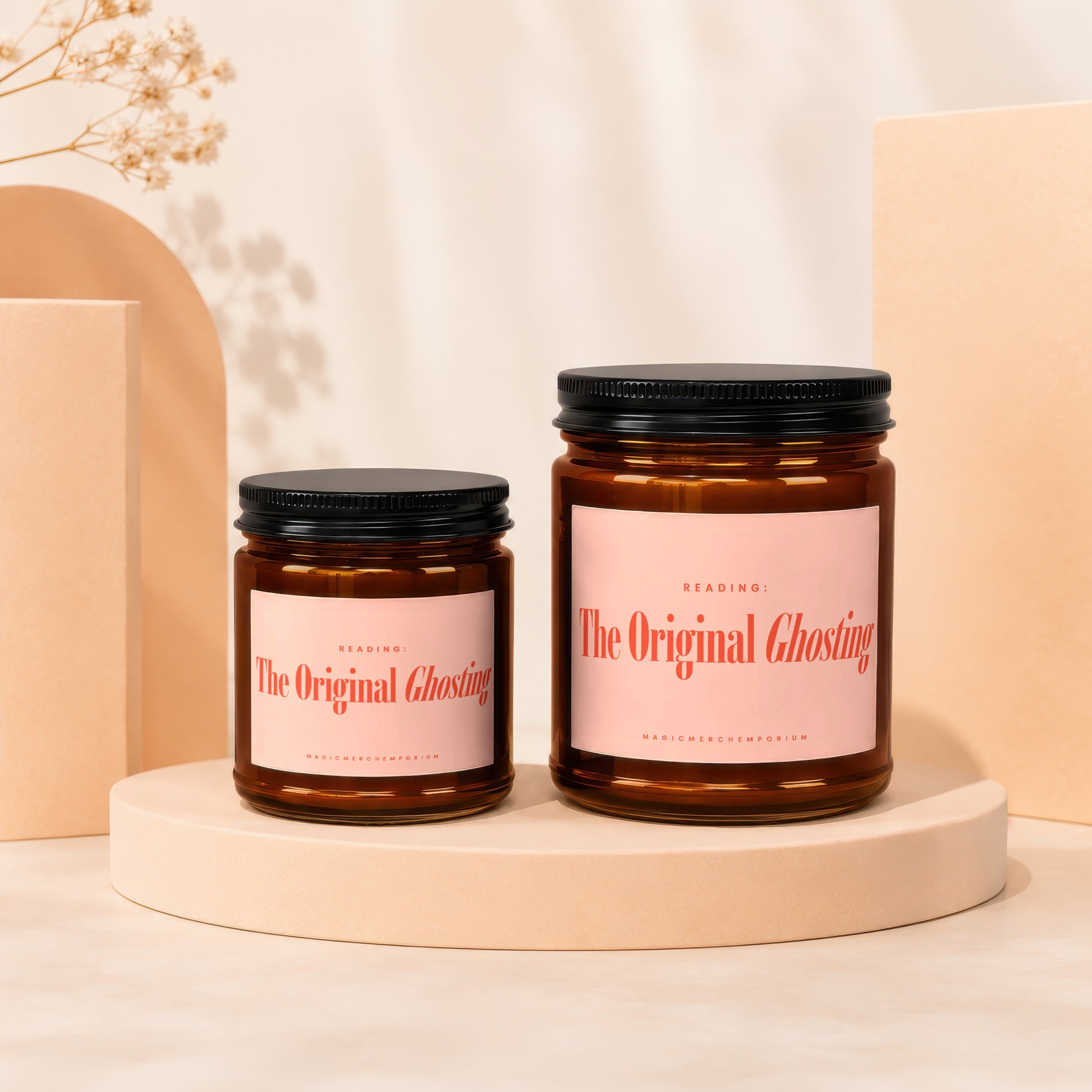 Two amber jars with pink labels reading "The Original Ghosting" and "Magic Emporium"
