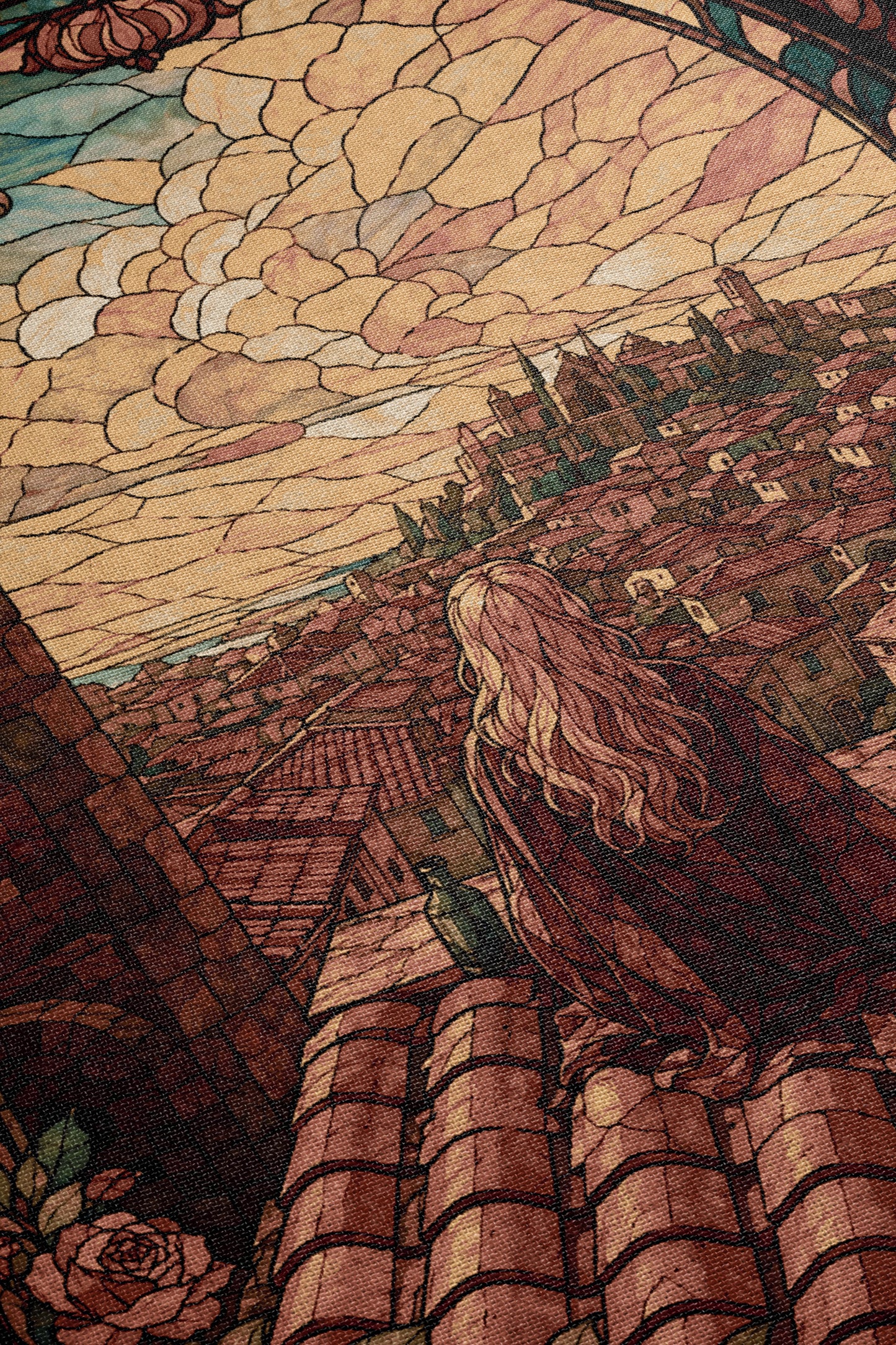a woman with long hair standing on a rooftop, overlooking a cityscape with buildings and a cloudy sky.