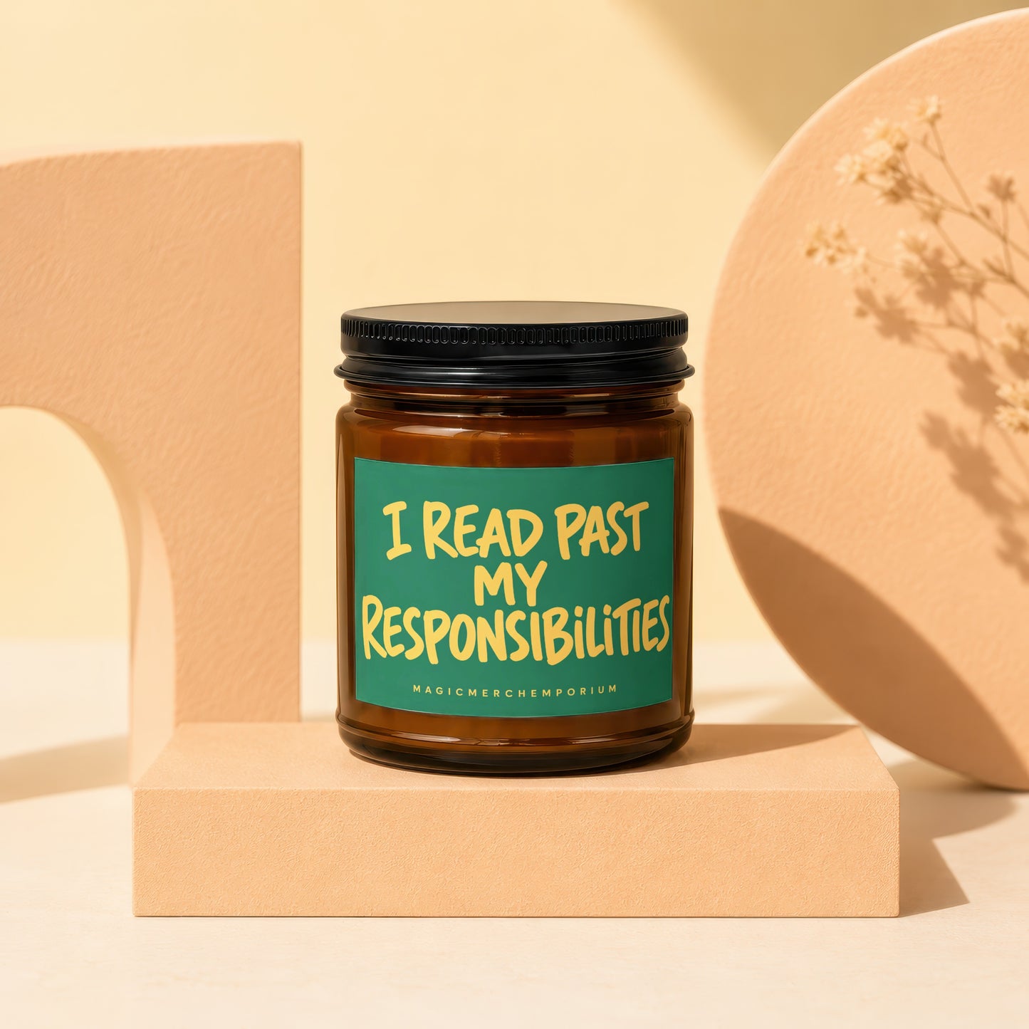 Amber candle with label "I READ PAST MY RESPONSIBILITIES" from MagicMerchEmporium.