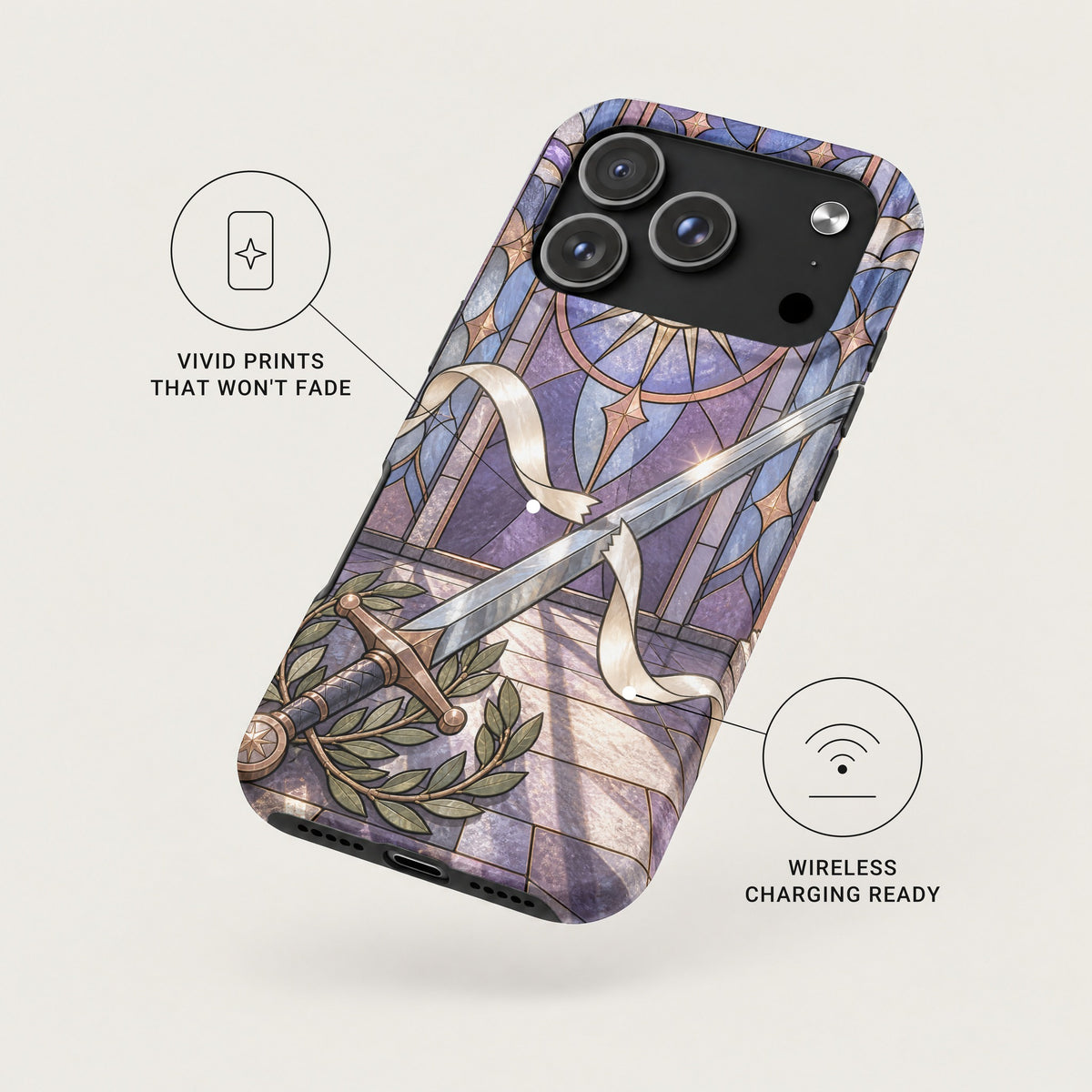 A smartphone case with a fantasy sword and stained glass design, highlighting fade-resistant prints and wireless charging compatibility.