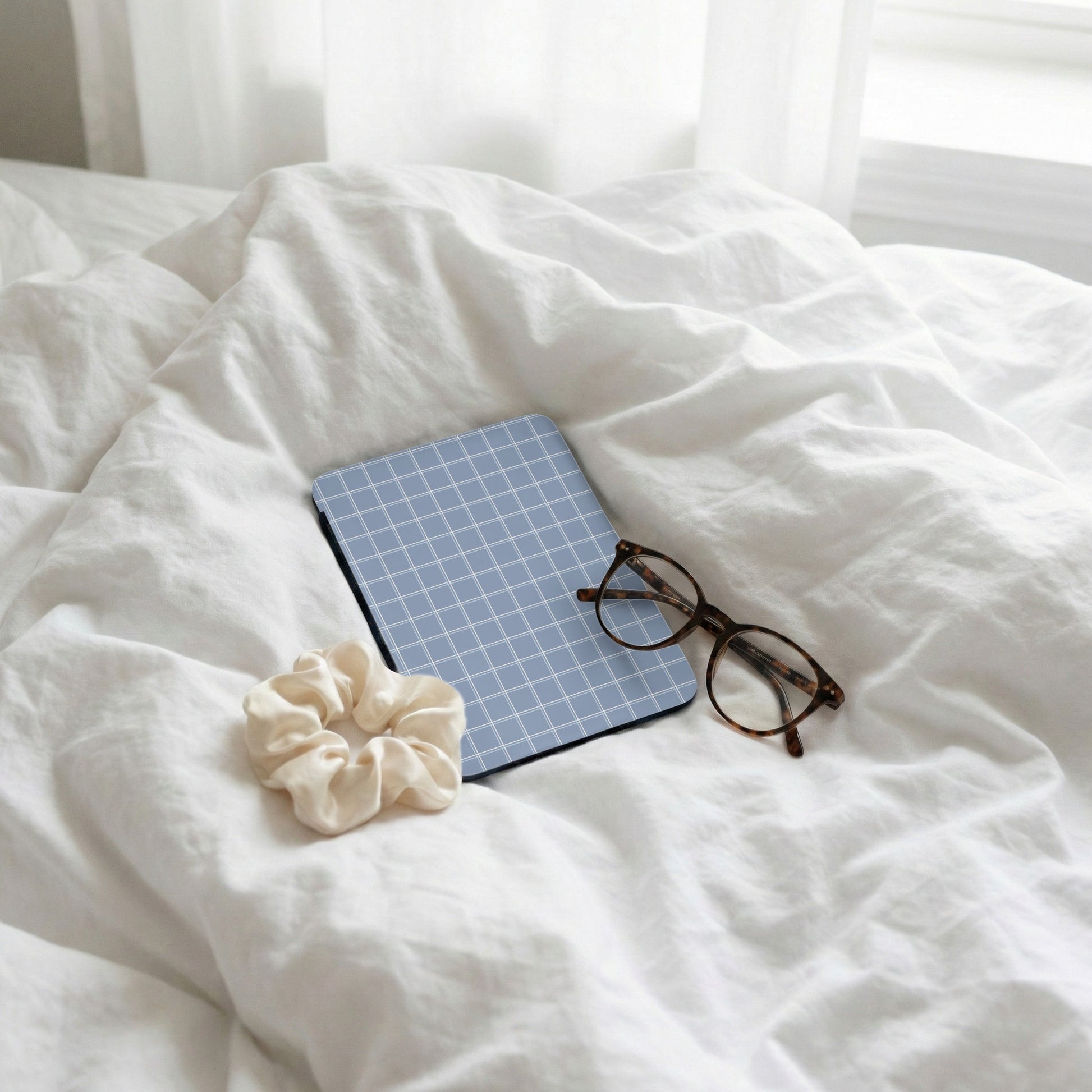 Blue Grid Design Tablet Cover with Glasses and Scrunchie