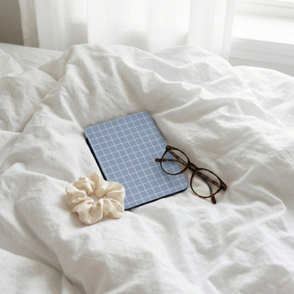 Blue Grid Design Tablet Cover with Glasses and Scrunchie