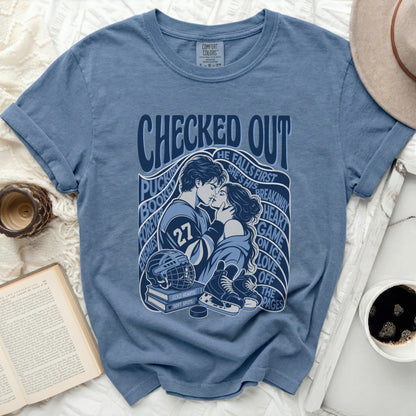 Blue t-shirt with hockey players embracing and text about love.