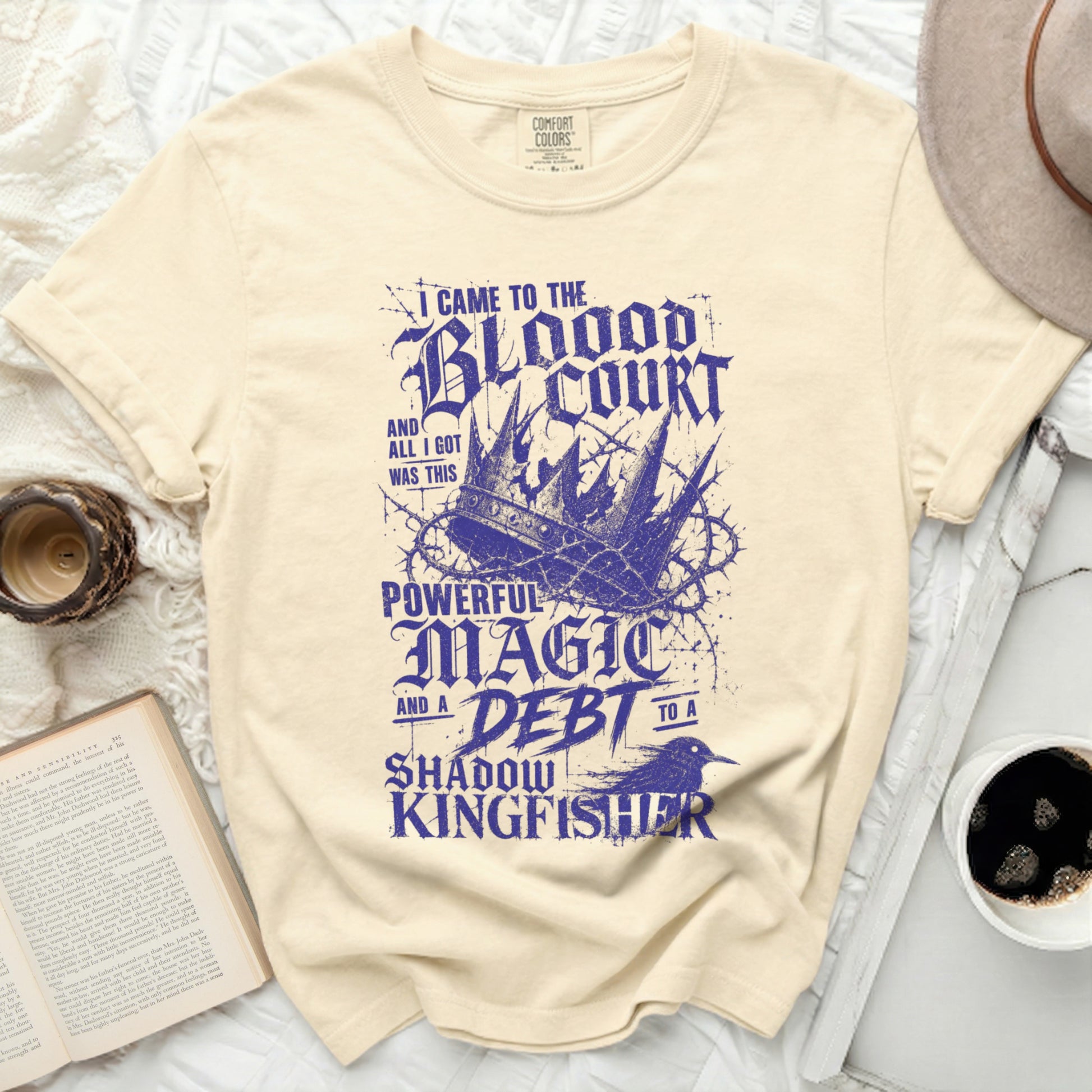 Cream t-shirt with "I Came to the Blood Court" graphic and crown.