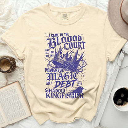Cream t-shirt with "I Came to the Blood Court" graphic and crown.