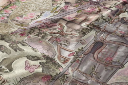 Armor, swords, roses, and a butterfly in a vintage, delicate illustration style.
