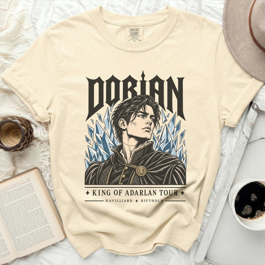 Cream t-shirt with Dorian "King of Adarlan Tour" graphic featuring a man and ice crystals.