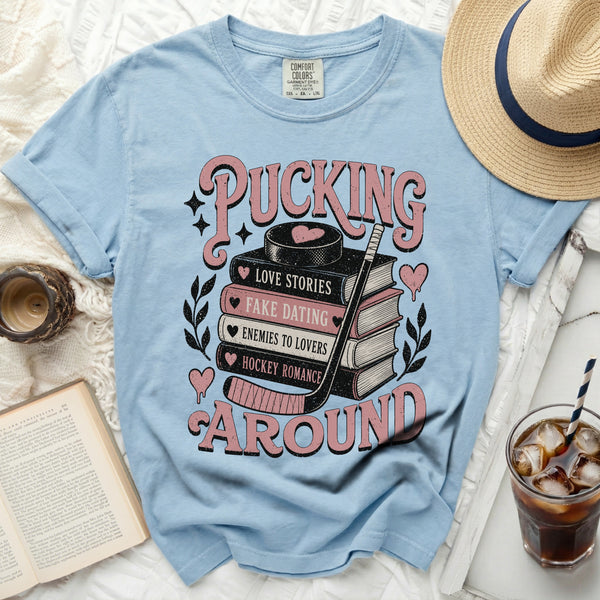 Pucking Around Hockey Romance Tee in Chambray