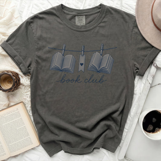 Dark grey Comfort Colors t-shirt with "book club" and two open books graphic.