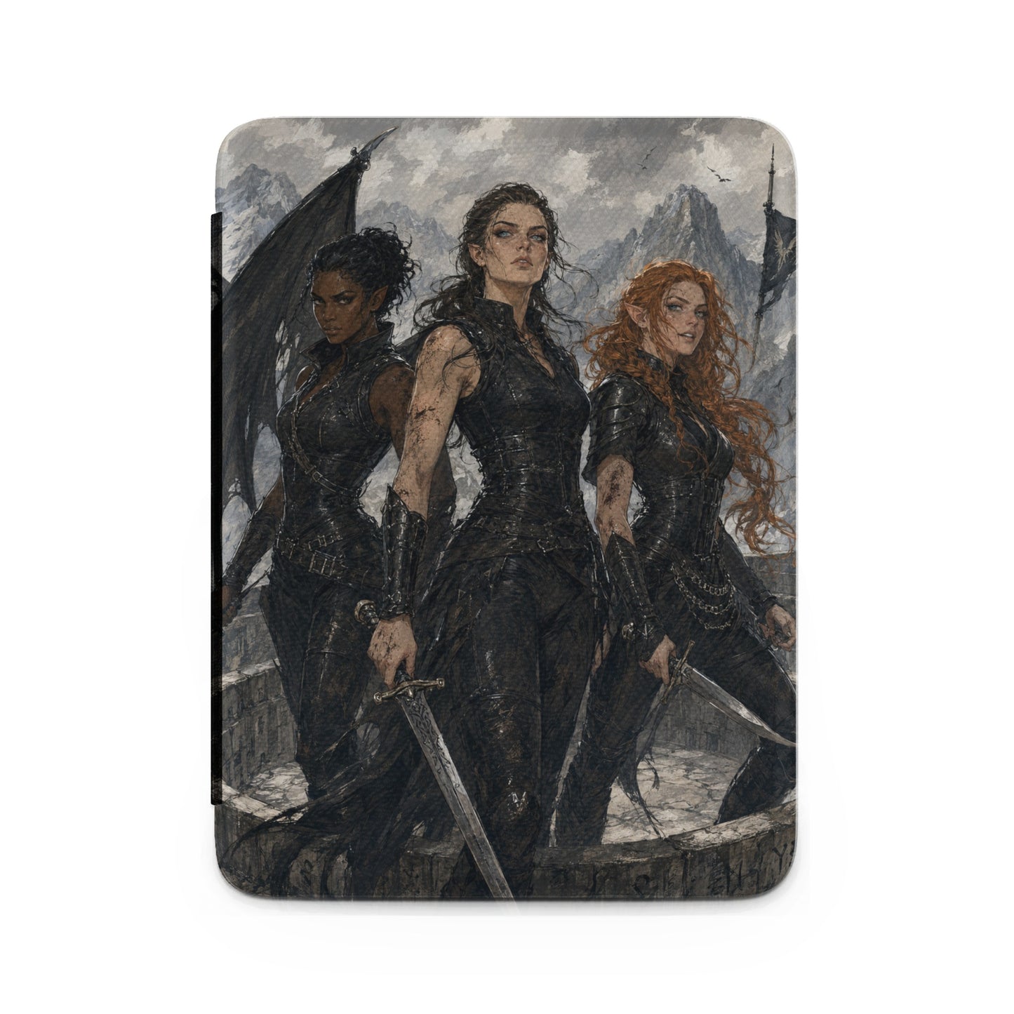 Three dark-armored warriors with swords stand before a mountain landscape and black banner.