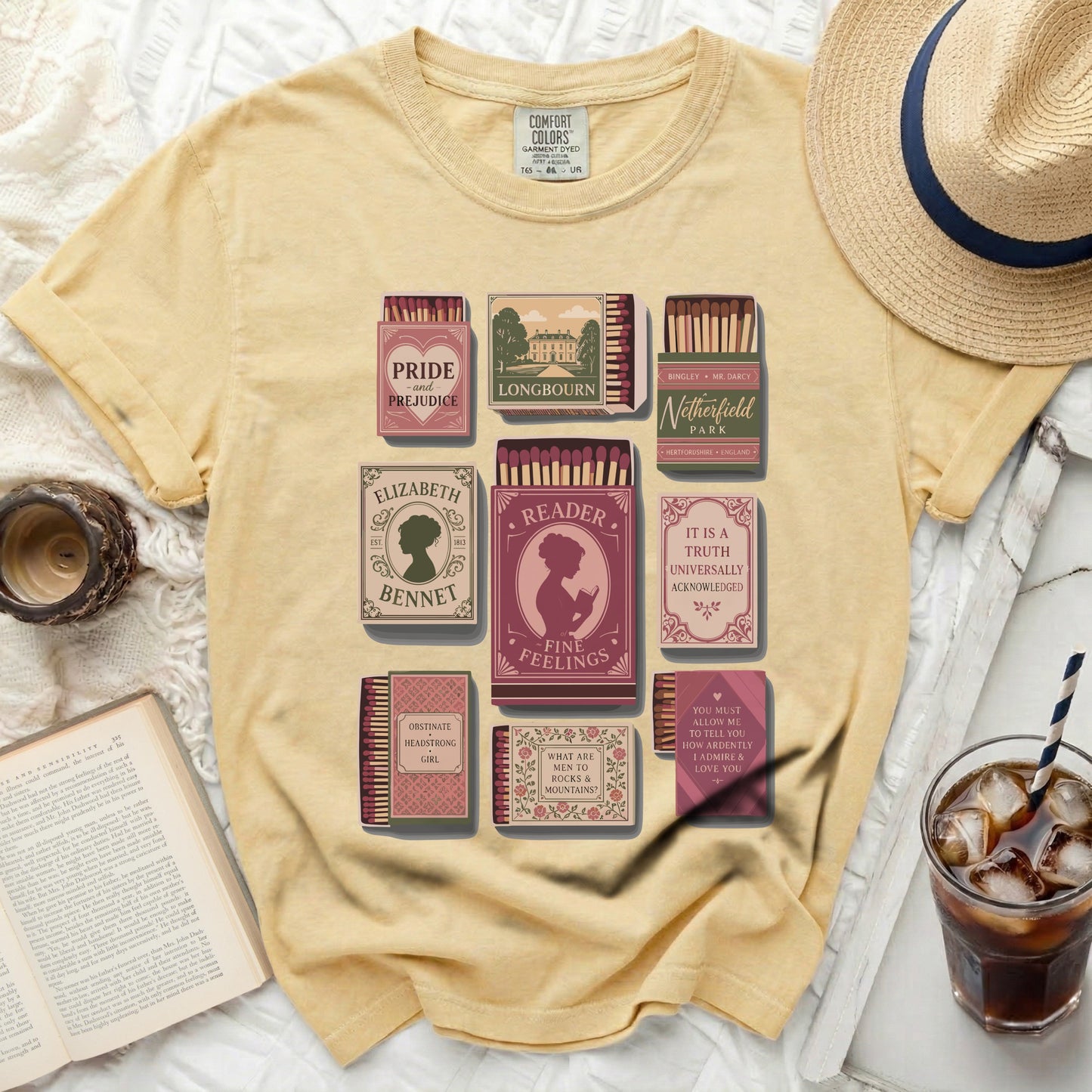 T-shirt with literary-themed matchboxes: Pride and Prejudice, Longbourn, Netherfield Park, Elizabeth Bennet, Reader, Obstinate Headstrong Girl.