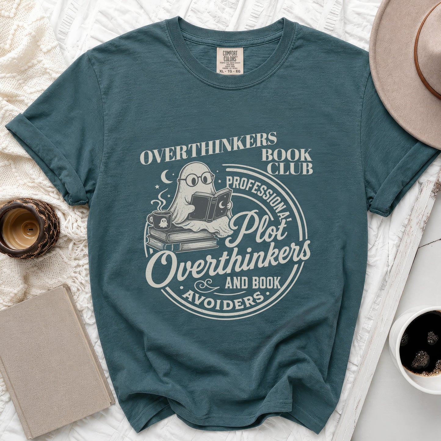 Teal t-shirt with "Overthinkers Book Club: Professional Plot Overthinkers and Book Avoiders" graphic.