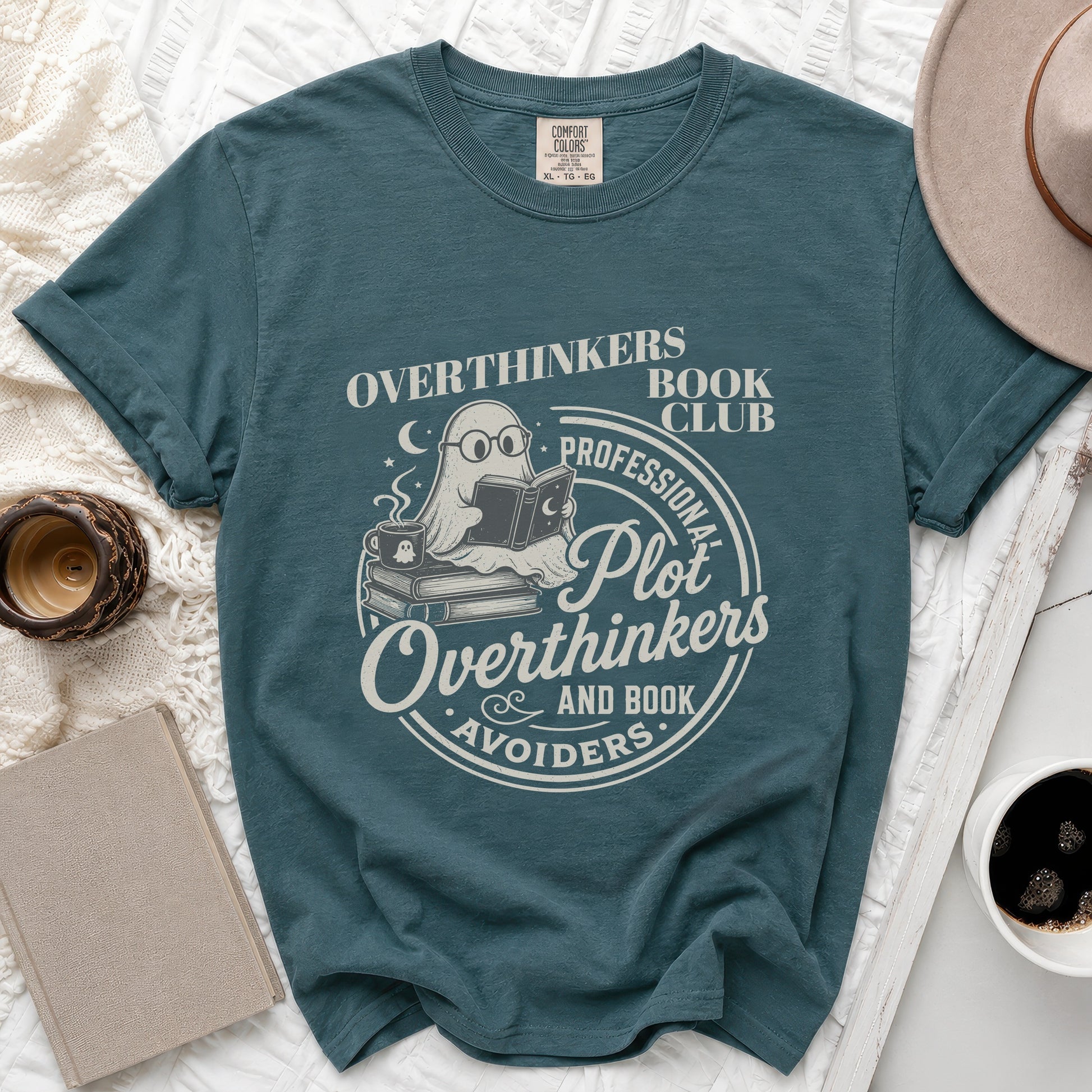 Teal t-shirt with "Overthinkers Book Club: Professional Plot Overthinkers and Book Avoiders" graphic.