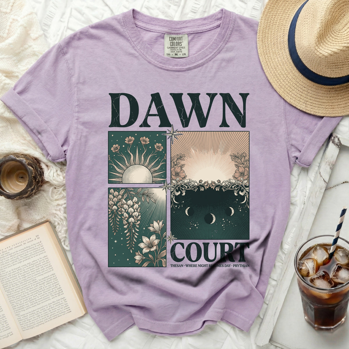 Lavender t-shirt with "Dawn Court" graphic featuring celestial and floral designs.