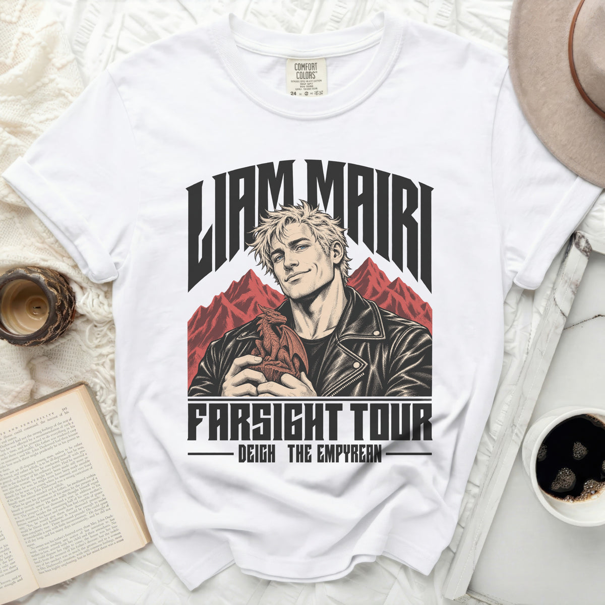 White t-shirt with "Liam Mairi" and "Farsight Tour" graphics featuring a man holding a dragon.