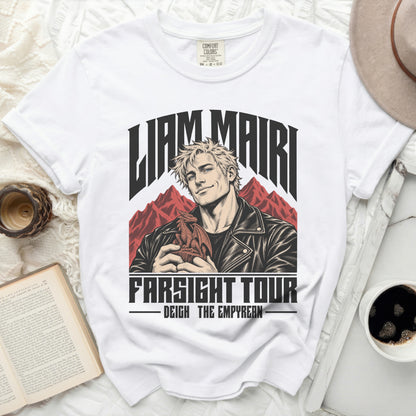 White t-shirt with "Liam Mairi" and "Farsight Tour" graphics featuring a man holding a dragon.