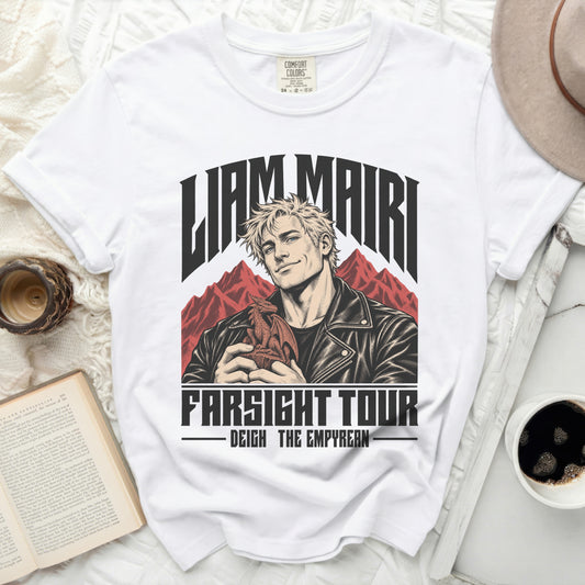 White t-shirt with "Liam Mairi" and "Farsight Tour" graphics featuring a man holding a dragon.