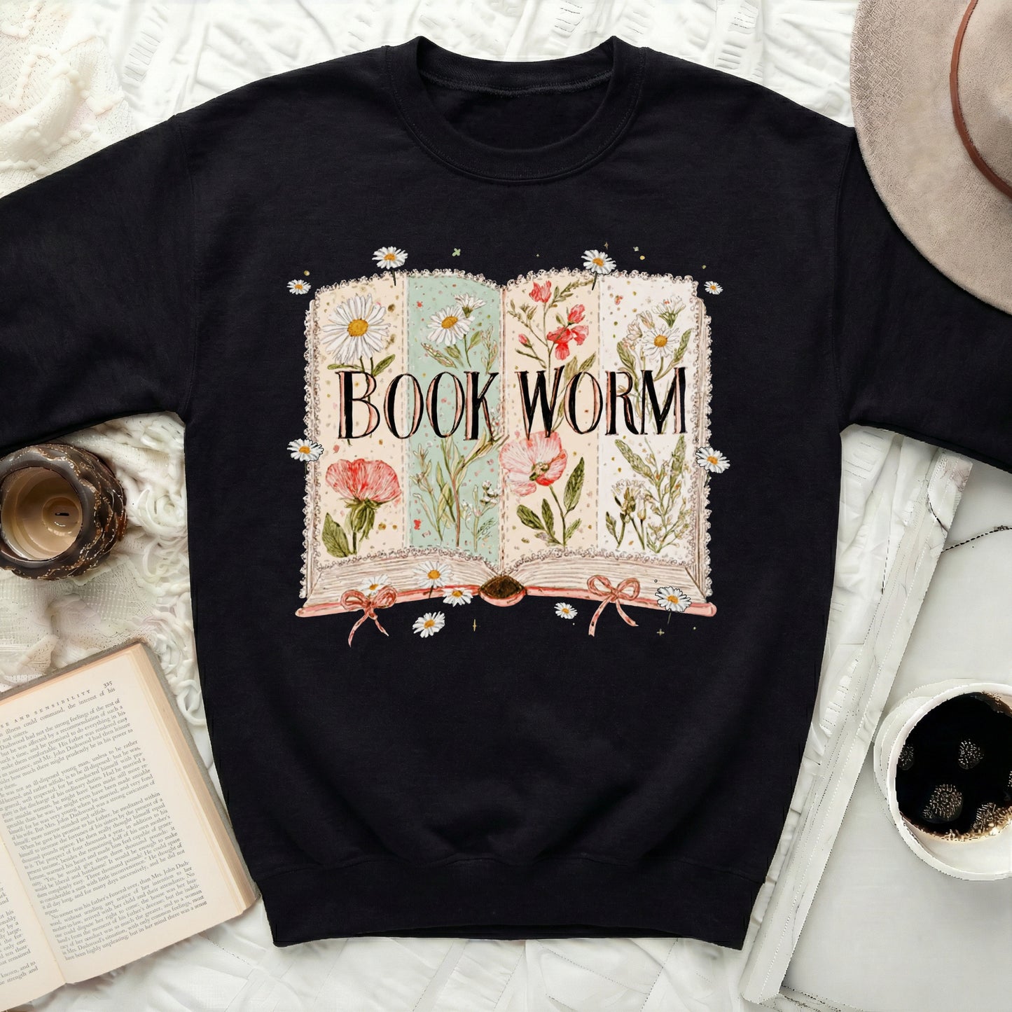 Book Worm Artistic Floral Design Sweatshirt Clothing