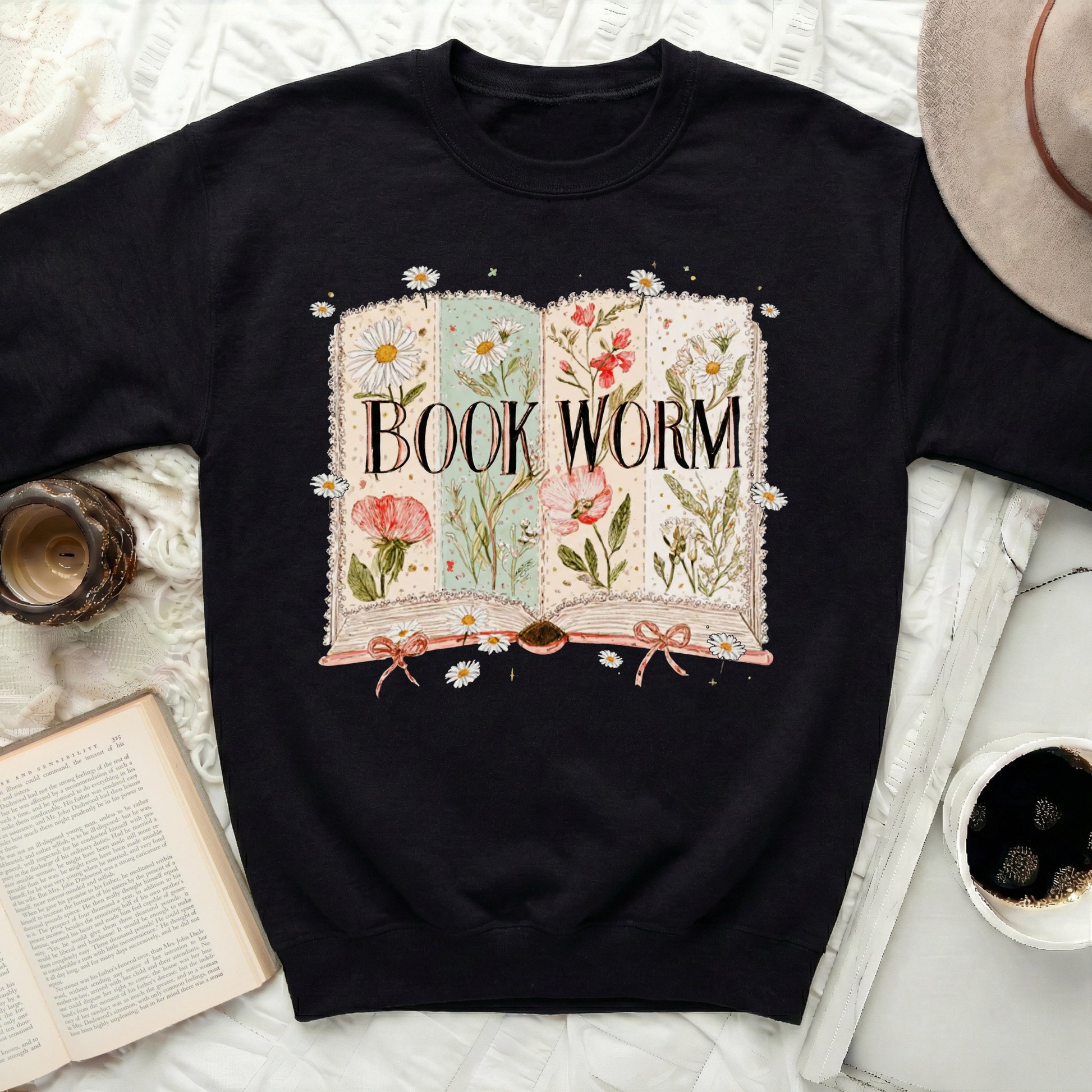 Book Worm Artistic Floral Design Sweatshirt Clothing