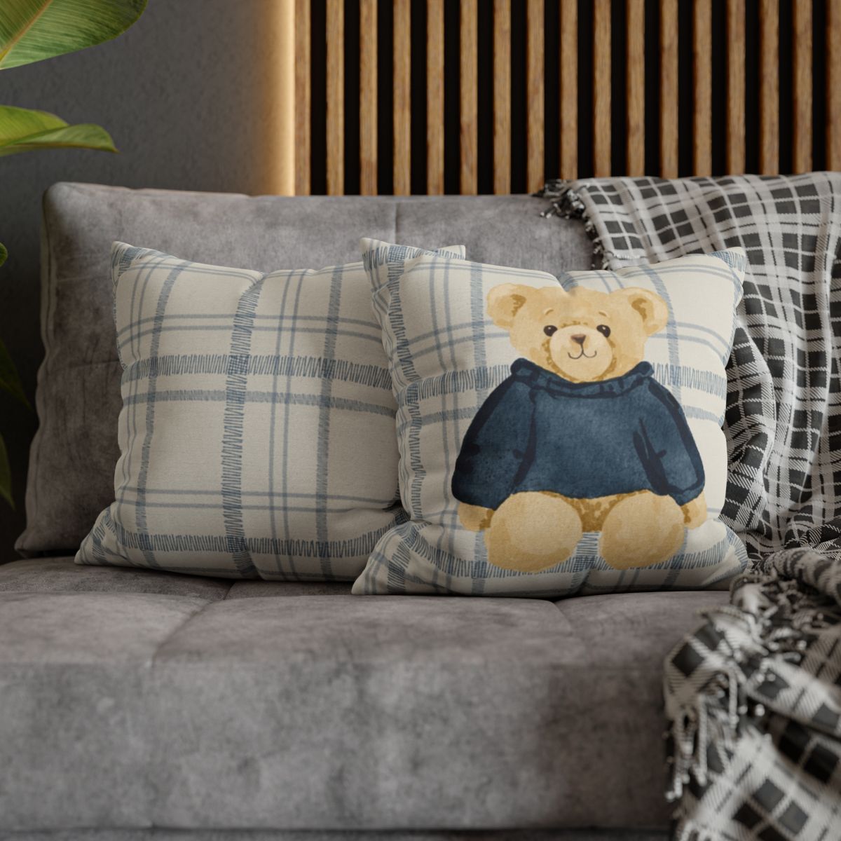 Cozy Plaid and Teddy Bear Decorative Cushion Pillow
