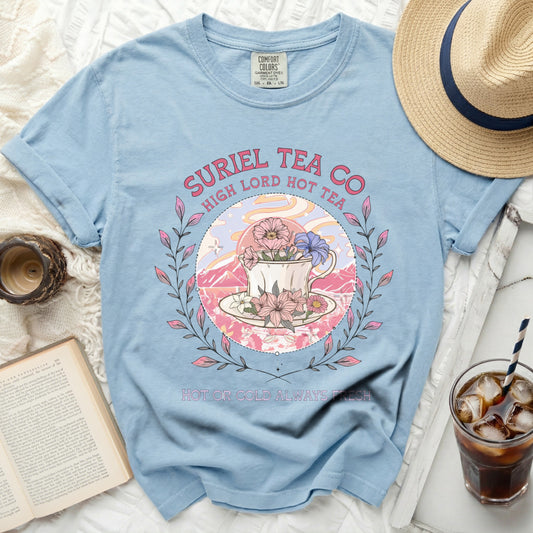 Blue t-shirt with "Suriel Tea Co. High Lord Hot Tea" graphic.