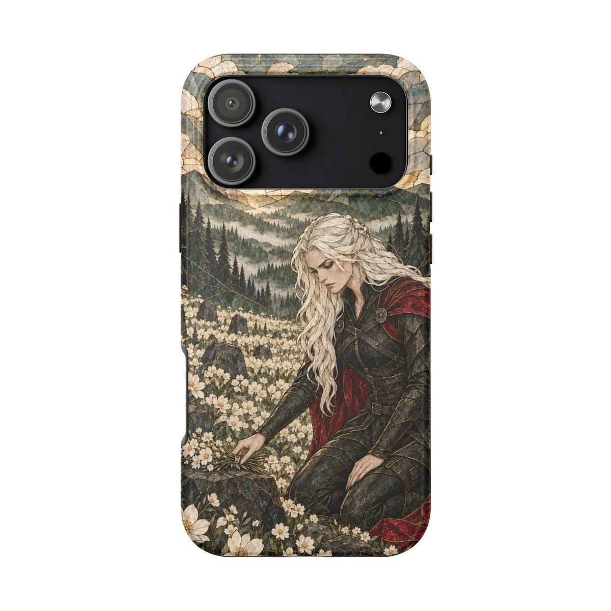 Black smartphone case featuring a mosaic-style fantasy illustration of a blonde warrior kneeling in a field of white flowers.